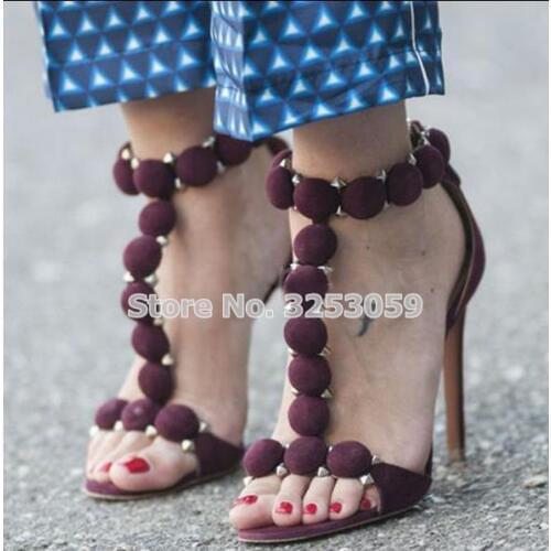 Sexy High Heel Sandals Rivets Women Sandals Gladiator Sandals Studded Dress Shoes Stiletto Heel Pumps Discount Pom Pom Sandals