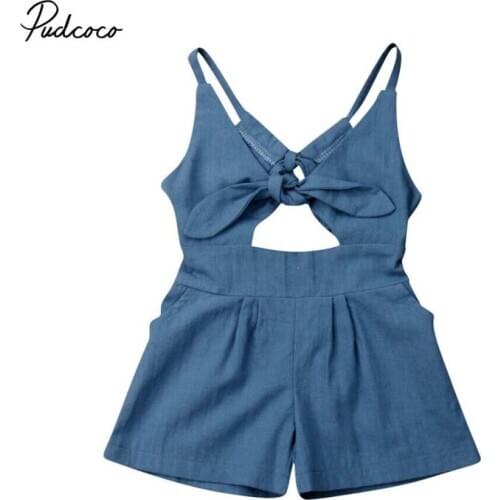 Pudcoco 2020 Summer Toddler Baby Girl Clothes Solid Blue Sleeveless Hollow Out Lace Up Bodysuit 2Pcs Outfits Cotton Romper 2-6Y