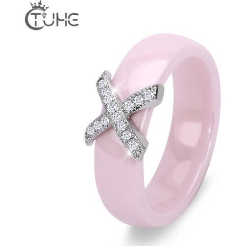 2018 Romantic Pink Rings For Woman 6mm CZ X Cross Ring Ceramic Jewelry anillos mujer Without Scratches Women Ring Wedding Gift