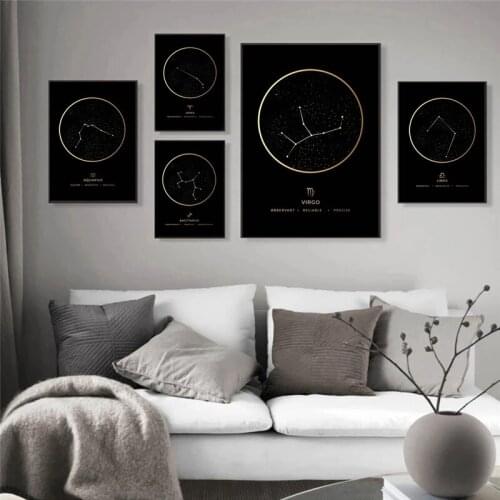 Nordic Fashion Constellation Printing Poster Black Gold Zodiac Astronomical Wall Art Modern Minimalism Living Room Home Decor
