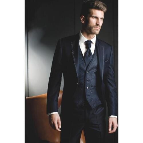 Custom Made Groom Tuxedos Navy Blue Groomsmen Notch Lapel Wedding/Dinner Suits Best Man Bridegroom (Jacket+Pants+Tie+Vest) B577
