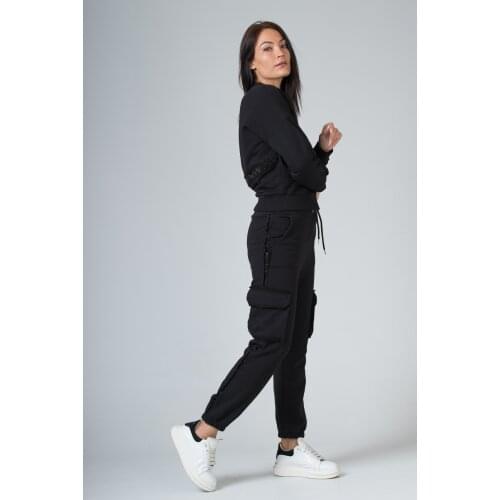 Sogo Women Nasty Sewing Stone Detailed Black Tracksuit Suit