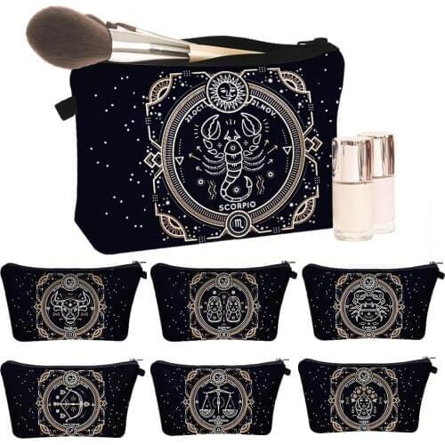 Newest Style Mysterious Black Zodiac Exclusive Custom Makeup Bag Toiletry Bag for Travelling Makeup Brush Bag Wash Pouch
