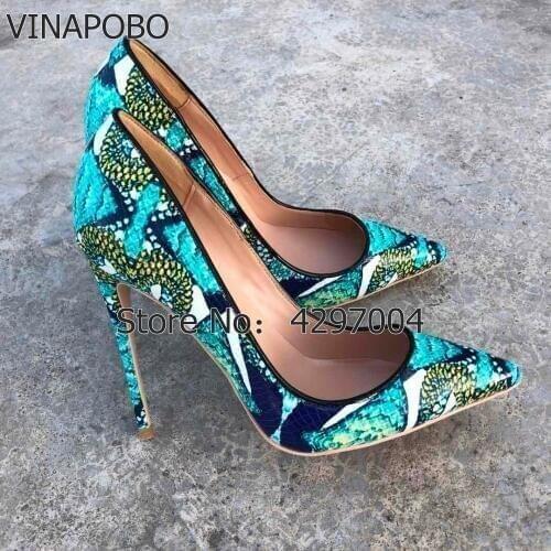 Vinapobo Pumps Thin High Heel 12cm Shoes Woman Shallow Wedding Shoes Party Pointed Toe Printing Green Leather Natural Fashion