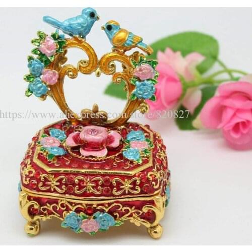 Vintage Hand Painted Love Birds Faberge Egg Rhinestone Jewelry Trinket Box Double Bird Jewelry Box