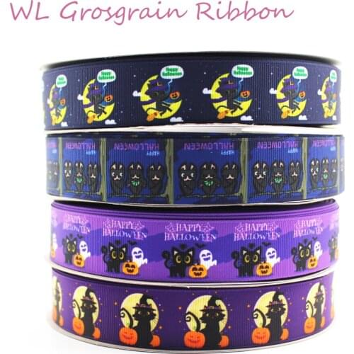 WL Happy Halloween Black Cat Printed Grosgrain Ribbon Diy Hair Accessories Bow Birthday Party Gift Wrapping Animal Collar