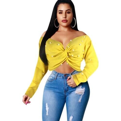 Women Off Shoulder Tie Up Blouse Pearl Long Sleeve Shirts Tops Sexy Ladies Autumn Winter Casual Streetwear Knitted Blusas Mujer