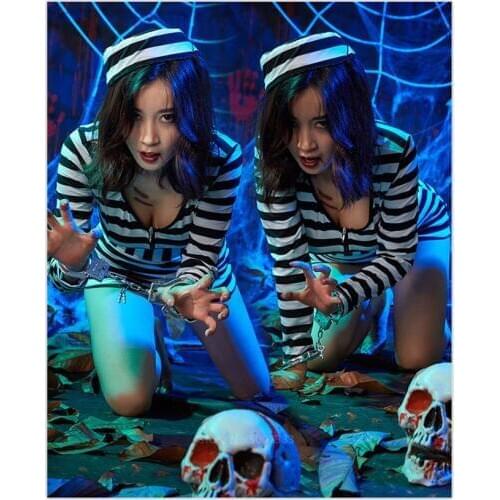 Halloween Women Horroer Scary Ghost Prisoner Cosplay Costume Carnival Party Sexy Adult V-neck Stripe Prison Suit Top Shorts Set