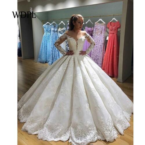 Robe de mariee Ball Gown Long Wedding Dresses 2019 vestido de festa longo abiye Beaded Appliques Arabic Wedding Gowns V Neckline