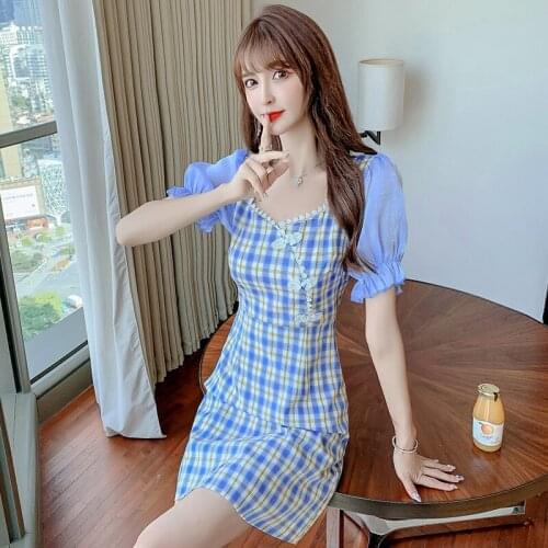 Women One Piece Korea Dress Summer 2021 New Office Lady French Style Vintage Plaid Patchwork Short Sleeve High Waist Dresses