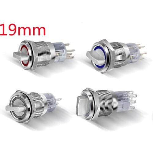19mm Self-return Momentary Self-locking Fixation Waterproof DPDT Illuminated Metal Selector Rotary Switch 2/3 Position with LED