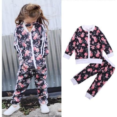 Print Floral Toddler Girls Winter Clothes Set 2020 Baby Girl Boutique Kids Clothing Sport Suit Hip Hop Girl Tracksuits Zip Up