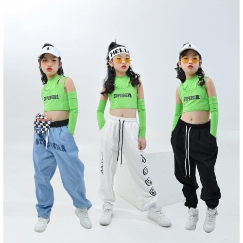2021 ChildrenS Day Hip Hop Dance Costumes For Girls Fluorescent Green Top Loose Pants Child Jazz Street Dance Outfits DQS6827