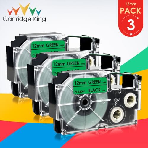 3PK Compatible for Casio XR-12GN Labeling Tape Cartridge Black on Green 1/2" 12mm for Casio KL-60 KL-120 KL-HD1 KL-P350W Printer