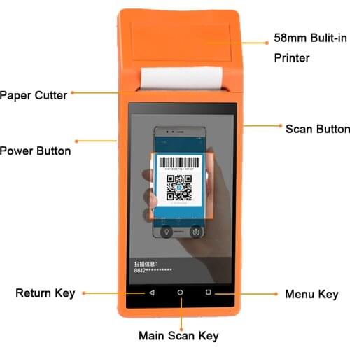 Android Wifi POS PDA Terminal 1D Barcode Scanner Reader Printer 58mm Thermal Receipt Bluetooth Rugged handheld Terminal Systems