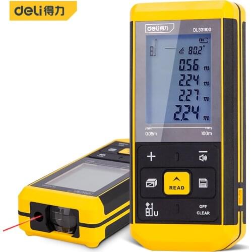 Deli DL331100 100M Voice Broadcast Charging Mode Laser Rangefinder 30 Sets Of Data Storage 2.0 Inch Positive Display Screen
