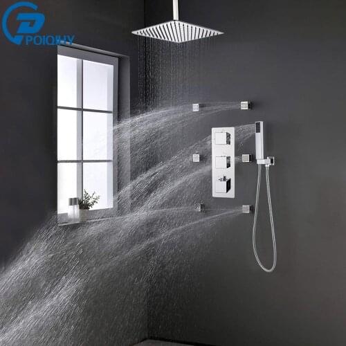 POIQIHY Chrome Thermostatic Shower Faucet Bath Shower Mixer Tap Wall Mounted SPA Body Massage Jets Thermostat Shower System
