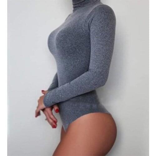 2021 Autumn Winter Casual Long Sleeve High Collar Jumpsuit Womens Solid Color Sexy Lingerie Bodysuits Simple Ladies Rompers New