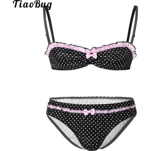 TiaoBug 2Pcs Mens Sissy Polka Dot Lingerie Set Adjustable Spaghetti Shoulder Straps Ruffles Bra Top With Underwear Panties