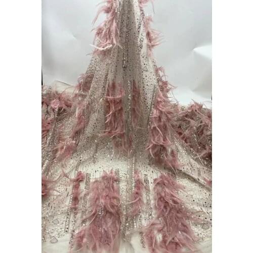 Fashion Handmade African Tulle Lace Fabric Wedding Luxury French Sequins/Bead Lace Fabric With Feather Nigerian Lace Fabrics Sew