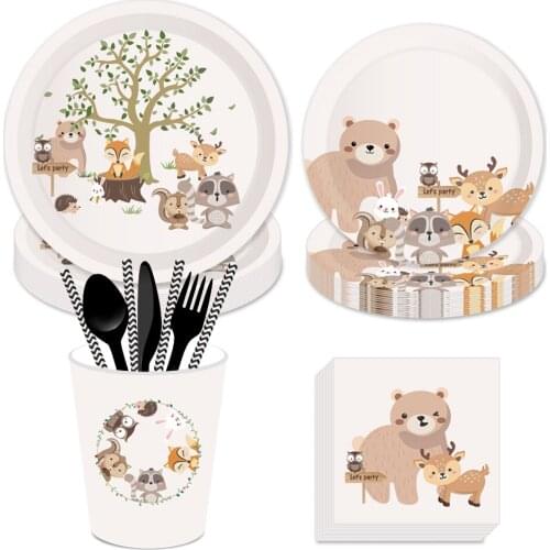 Woodland Animals Dinner Plates Happy Birthday Party Favor Disposable Tableware Jungle Safari Animal Baby Shower Party Decoration