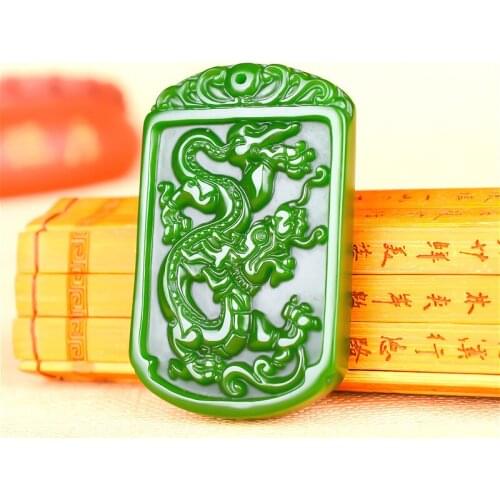 Natural Green Hand-carved Dragon Jade Pendant Jewelry Necklace Zodiac Dragon Jade Pendant, Spinach Jade Pendant