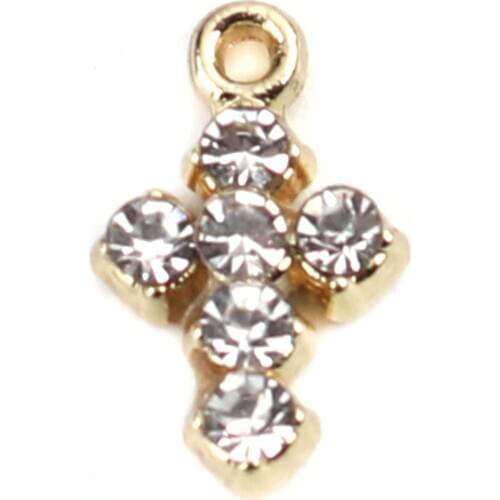 Zinc Based Alloy Religious Charms Cross Pendants Gold Color With Clear Rhinestone 10* 6mm For DIY Necklace Jewelry Making,10 PCs