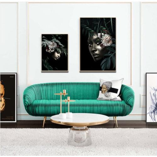 Mordern African Girl Poster Canvas Art Prints African Woman Plants and Flower Portrait Art Painting Wall Pictures Home Room Deco