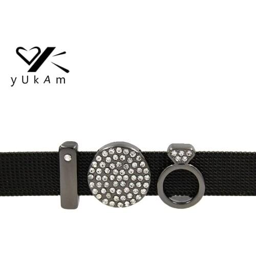 YUKAM Gun Black Rhinestone Pave Disc Crystal Ring Period Degree Slide Charms for Mesh Keeper Bracelet Jewelry Accessories Making