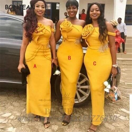 Yellow Bridesmaid Dresses 2021 Strapless Elastic Satin Floor Length Lace Up African Bridesmaid Dress Plus Size for Women Wedding