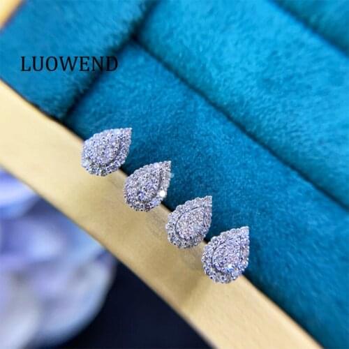 LUOWEND 100% 18K Solid White Gold (AU750) Women Stud Earrings Real Natural Diamond Earring Fashion Luxury Lady Water Drop Shape