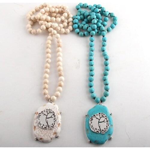 Fashion Bohemian Tribal Jewelry 8mm White / Turq Long Knotted Matching Pendant Necklace For Women Bead Necklaces