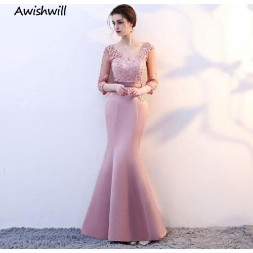 New Arrival Pink Princess Mermaid V-Neck Lace Appliques Evening Prom Dresses