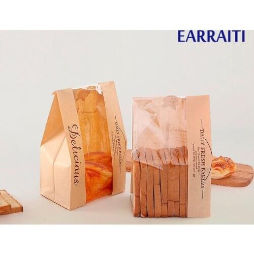 20PCS 33x16x11cm Paper Bread Bags For Bakery Kraft Bags For Food Toast Bread Bag Window Baking Packaging With Sticker Oil Proof