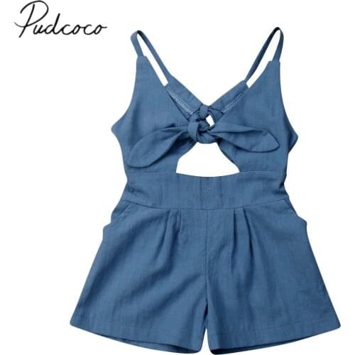 2019 Baby Summer Clothing Kids Baby Girls Bandage Romper Solid Blue Bow Belt Backless Jumpsuit Outfits One-piece Clothes 1-6Y
