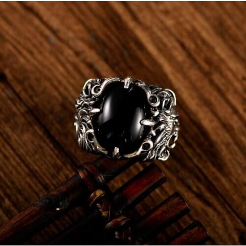 925 pure silver retro Thai silver double dragon play pearl silver dragon head black agate ring men