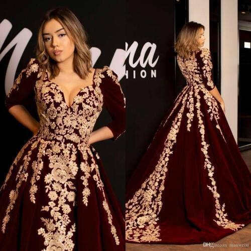 Burgundy Velvet Prom Dresses Kaftan Caftan Evening Formal Dress Half Sleeve Gold Luxury Lace Applique Arabic Dubai Abaya