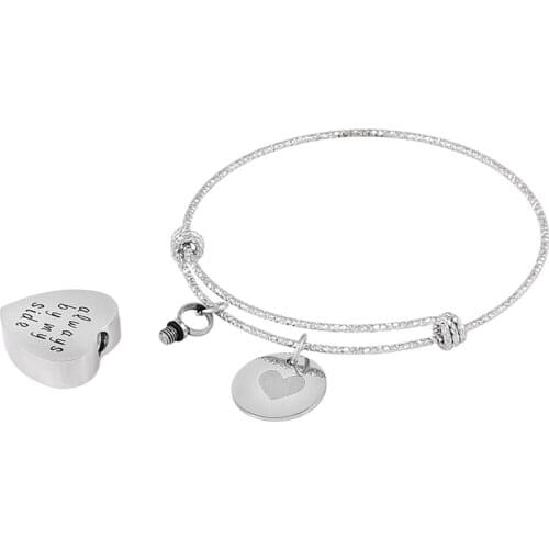 Cremation Urn Bracelet for Ashes "Always By My Side"Heart Stainless Steel Expandable Wire Bangle/Bracelet for Women