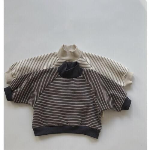 Korean Childrens Clothing 2020 Winter New Childrens Fleece Turtleneck Comfortable Striped Sweatshirt Boys Girls Pullover Top
