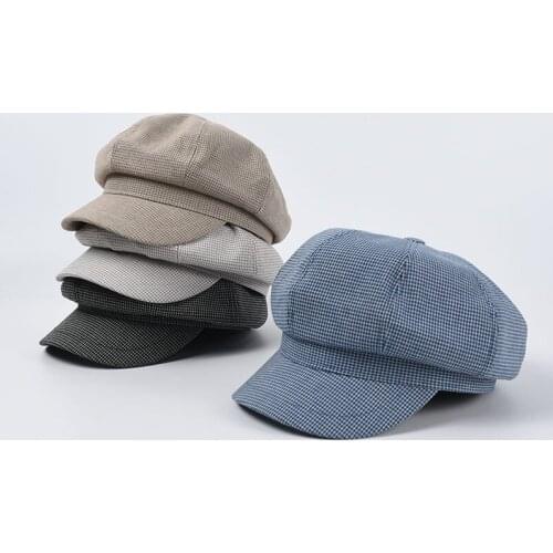Womens Spring Summer Small Plaid Checkered Newsboy Caps Cabbie Painter Hat Visor Beret Octagonal Cap
