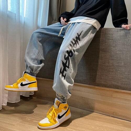 Mens Wide-leg Jeans Casual Loose Overalls Nine-point Beamed Denim Pants Slim Trendy Printed Letters Hiphop Streetwear Trousers