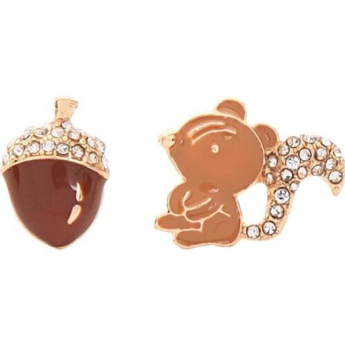 E6972 ZWPON Cute Enamel Squirrel Nut Fruit Crystal Earrings for Women Asymmetry Mini Animal Stud Earrings Jewelry Wholesale