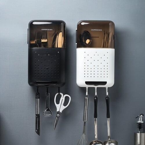 Kitchen Wall-Mounted Drain Chopstick Box Free Perforated Chopstick Holder Spoon Chopsticks Storage Box With Cover