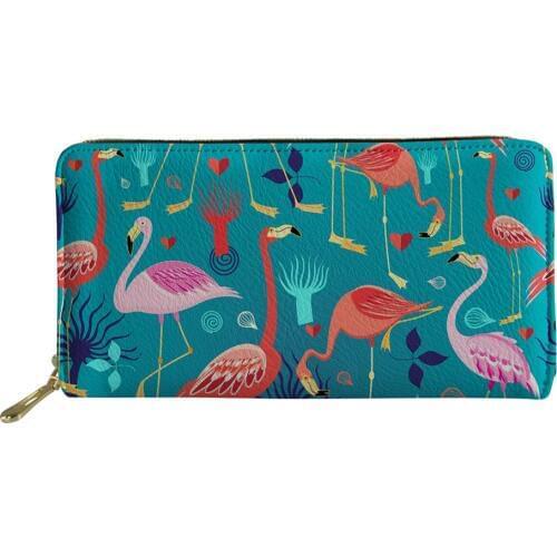 HaoYun Fashion Women Long Wallets Cartoon Change Coin Purses Flamingos Animal Prints Pattern PU Leather Travel Passport Pockets