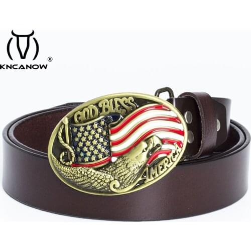 Mens Belts Genuine Leather Luxury God Bless America Eagle Gold Or Silver Punk Buckle Solid Pattern Casual Strap Belt For Male