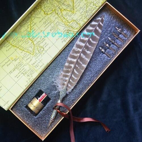 High Quality Vitage Quill Feather Pen Set with 5 Nibs 1 Ink Signature Calligraphy Retro Carving Wedding Gift Handwriting Dip Pen