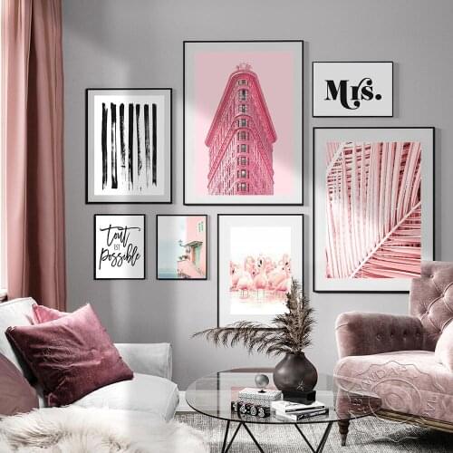 Nordic Flamingo Wall Art Canvas Poster Pink Leaves Landscape Print Painting Scandinavian Decoration Picture Living Room Decor