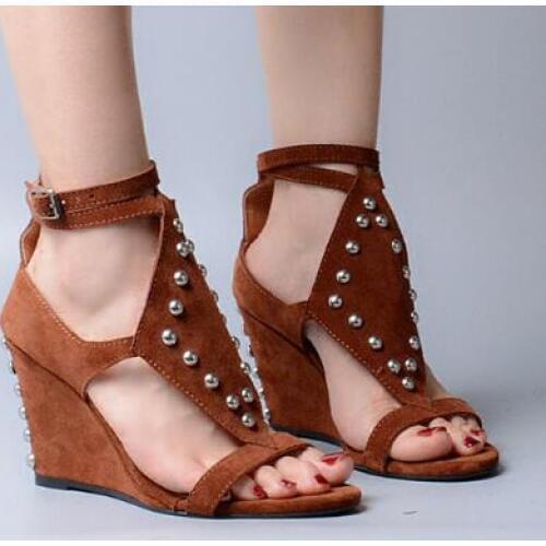 Summer New Woman Brown Khaki Solid Color Open Toe Rivets Buckle Strap Cover Heel Sexy Wedges Sandals High Heel Shoes Lady