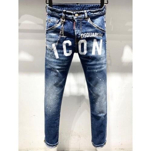 New CHAINS DSQUARED2 icon Stitching Printing Mens Slim Jeans Straight Leg Motorcycle Rider Hole Pants Jeans Man