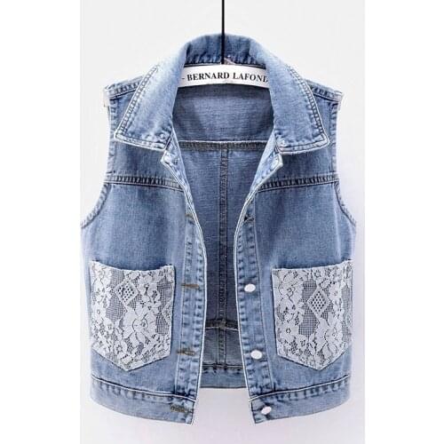2020 Autumn Hooded Casual Denim Vest Women Lace Big Pocket Jeans Sleeveless Jacket Female Waistcoat Plus Size 5XL Cardigan Coat